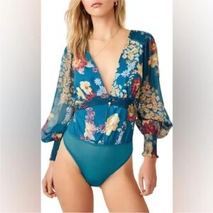 Free People Wanderlust intimates Floral Bodysuit Jade Deep V Festival Boho S